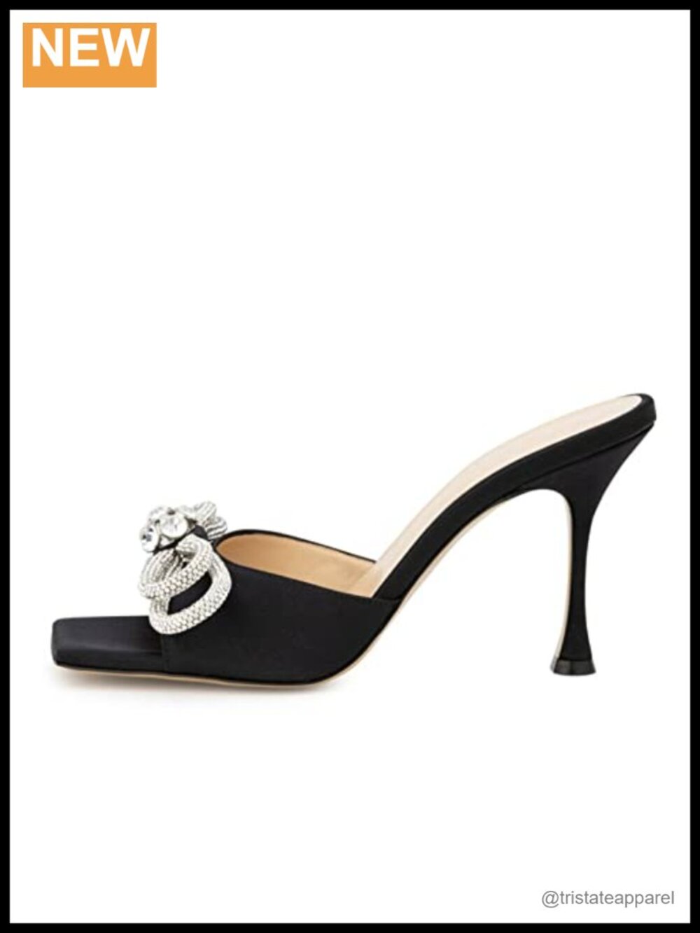 Women's Heeled Sandals Double Rhinestone Bow Satin Mules Square Open Toe - Picture 4 of 5